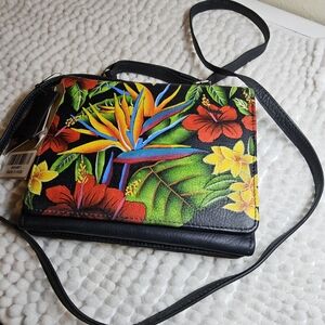 Sukriti Handpainted Leather Crossbody Black withTropical Floral